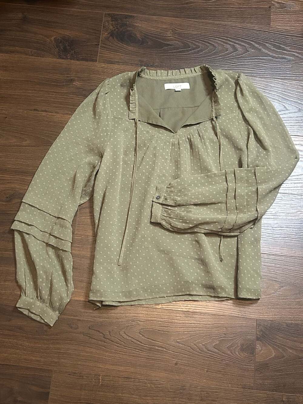 LOFT Olive Green Swiss Dot Pleated Long Sleeve Blouse